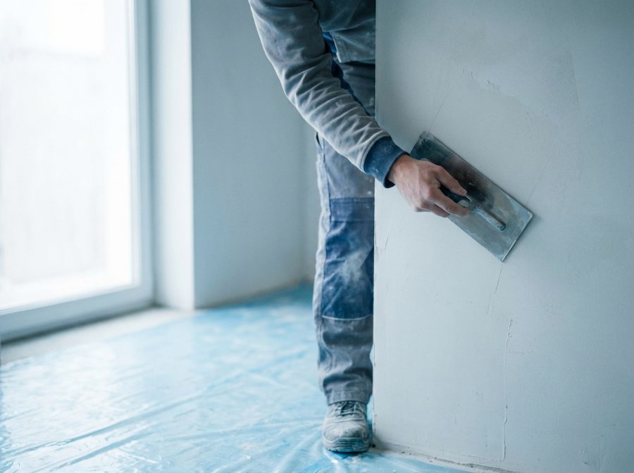 Handwerker beim Verputzen einer Wand